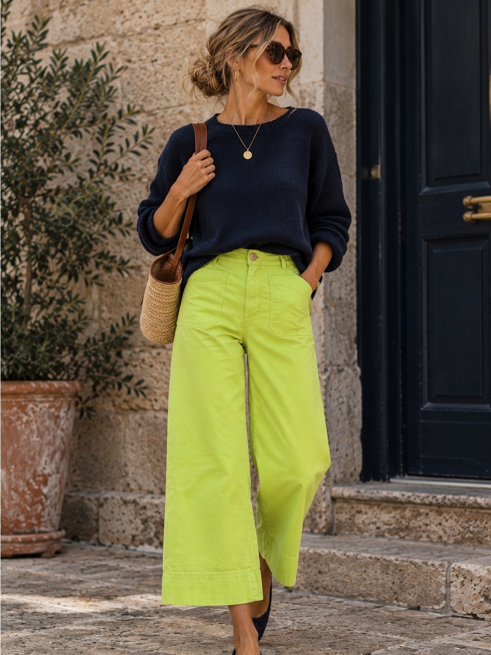 Anthropologie Maeve Colette Chartreuse Lime Wide Leg Cropped Pants Linen Blend